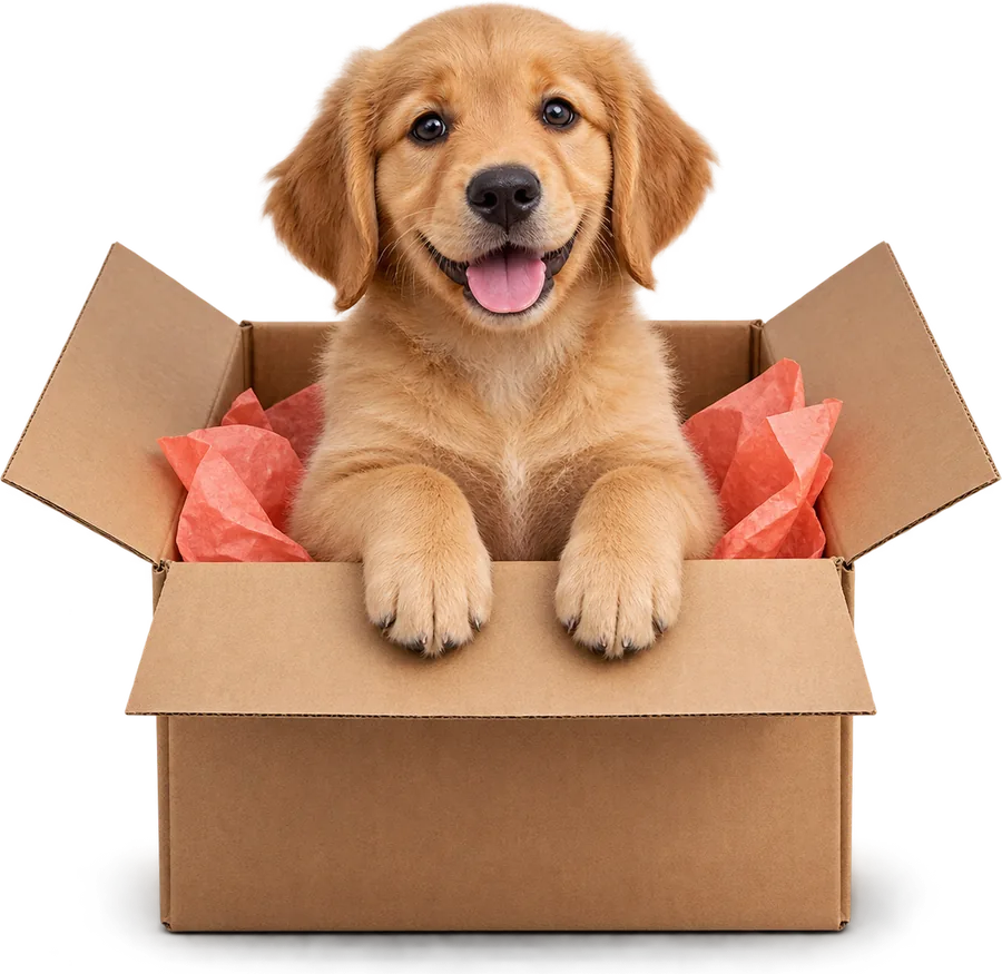 A golden puppy peeking out of a Snoot delivery box